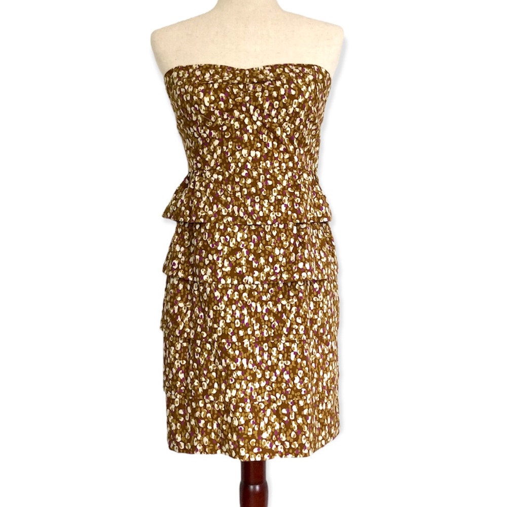 J Crew Women’s Tiered Strapless Party Mini Dress, Brown Polka Dot Size 2